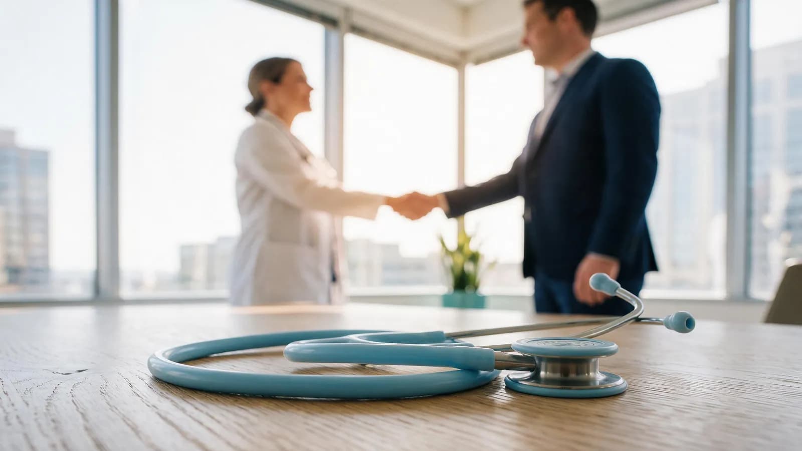 Radiologist and practice leader shaking hands, stethoscope in the foreground